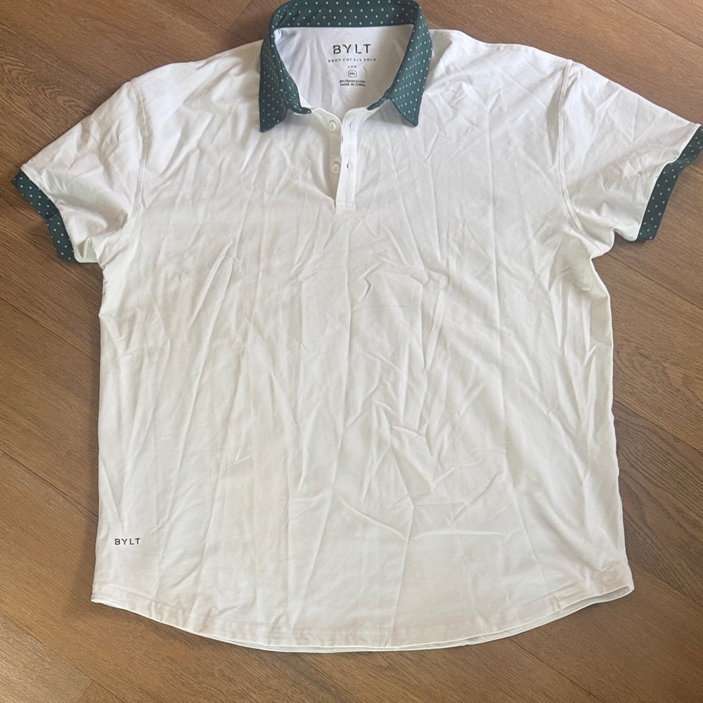 Men's White Polo with Green Pokka dot Contrast Collar and arm band